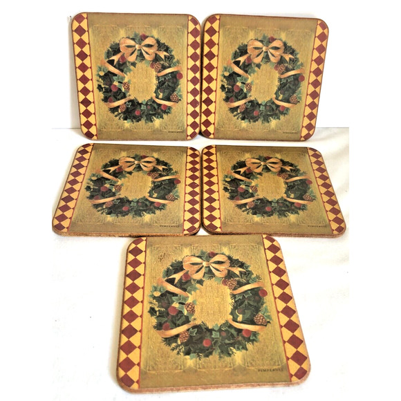 Pimpernel Other - Pimpernel Harlequinn Christmas Wreath Set of 5 Cork Coasters Made in England